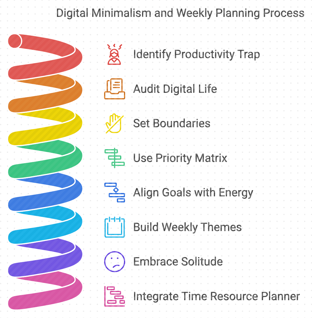 Digital Minimalism and Weekly Planning Process infographic, featuring steps like identifying productivity traps, using the Priority Matrix, and integrating the Time Resource Planner.