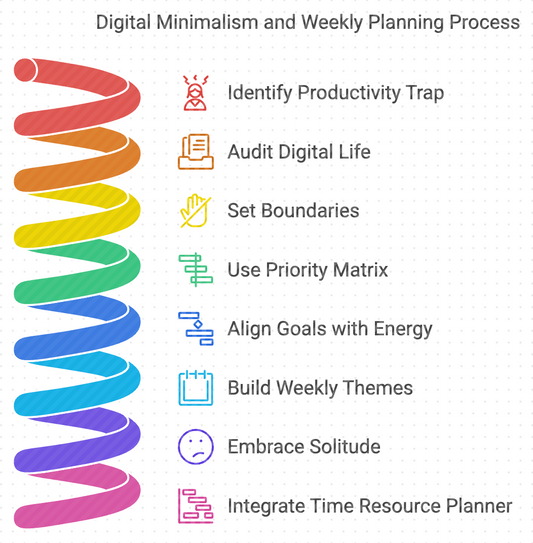 Digital Minimalism and Weekly Planning Process infographic, featuring steps like identifying productivity traps, using the Priority Matrix, and integrating the Time Resource Planner.