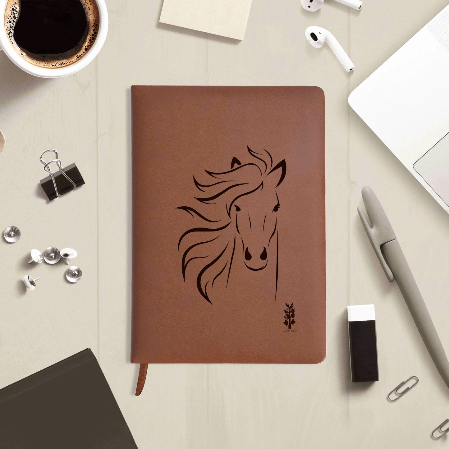 Evergreen Horse Line - Engraved Brown Notebook Custom Journals Diary Gift for Friends Family