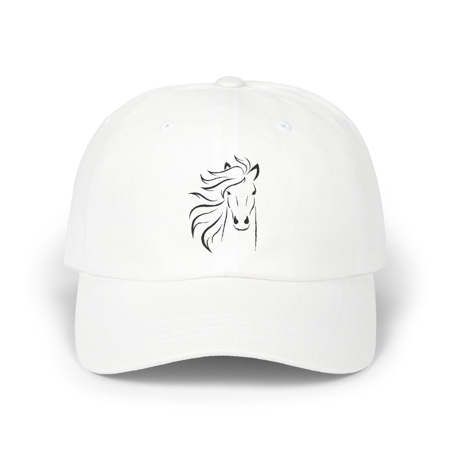 Evergreen Horse Line - Elegant Horse Design Dad Cap - Stylish White Classic Cap for Horse Lovers